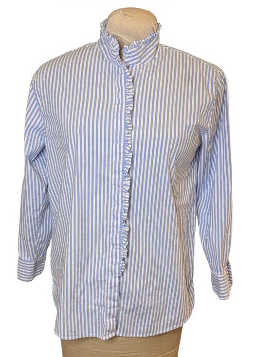 crown & ivy Tops - Crown & Ivy Striped Blouse Ruffle Button Front Stand Up Collar Small Preppy Clas